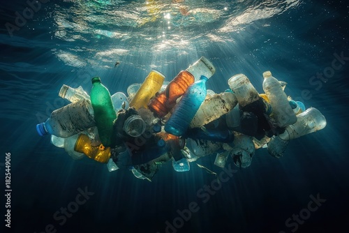 Cluster of discarded colorful plastic bottles and debris floating beneath the ocean surface as sunlight streams down, a stark and unsettling scene of marine pollution