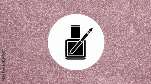 Nail Polish Bottle and Brush Icon on Sparkling Pink Glitter Background, Beauty and Manicure Concept