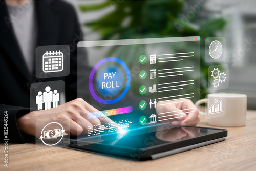 Payroll and AI System Concept, Businesswoman Using Artificial Intelligence, Software to Manage Automated Salary Payments, Invoices, Expenses, Corporate Tax Planning for Efficient Financial Operations