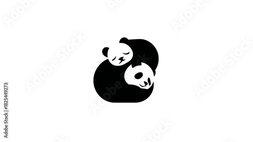 Black and white stylized illustration of two pandas cuddling, representing harmony, love, and togetherness in a minimalist graphic design.