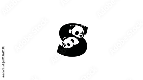 Stylized Black and White Letter S Icon with Two Cute Sleeping Pandas. Graphic Animal Alphabet Design.