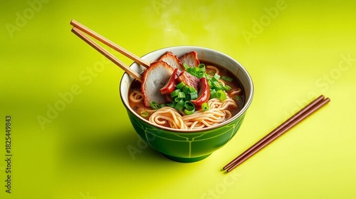 A decorative bowl of ramen containing smooth noodles aromatic broth hearty miso and bold toppings steaming gently with chopsticks displayed on a plain bright lime background
