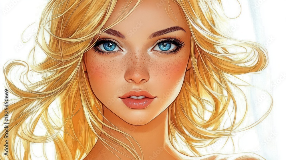 Obraz premium wind-swept golden hair framing bare shoulders and warm skin in a soft, calm, dreamy portrait