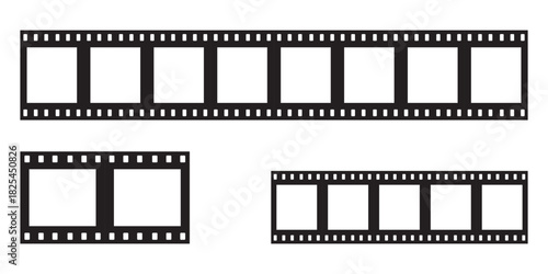 Old grunge movie film long strip set, vintage filmstrip roll frame. Film strip icon. Video tape photo film strip frame vector. film frame border strip analog. Roll of retro film strip on isolated.