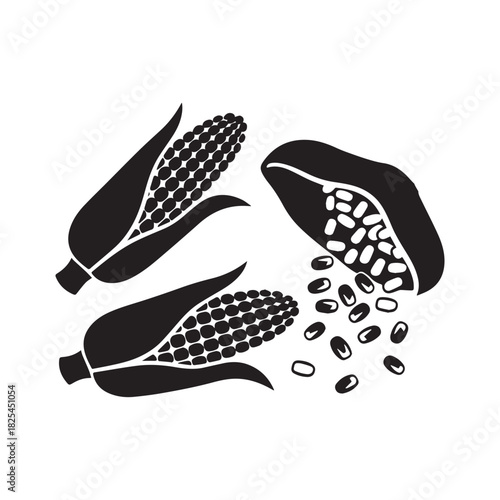 Harvest Abundance Fresh Corn Cobs and Grains Spilling from a Sack Silhouette Design. 