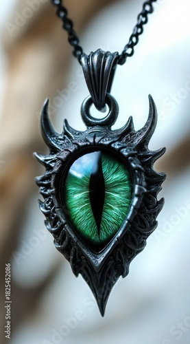 close-up of a dark ornate metal pendant with a vivid green slit catlike eye hanging from a chain, mystical and eerie mood