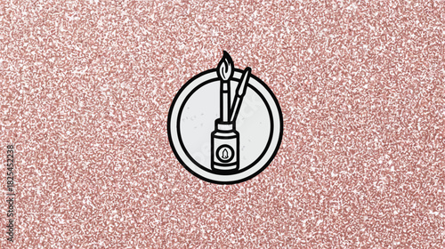 Creative Art Supplies Icon: Paintbrushes in a Jar on a Shimmering Rose Gold Glitter Background Texture