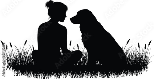 Silhouette of woman sitting with dog, emotional bond, pet friendship, outdoor nature scene, loyalty, trust, connection, grass field, companionship