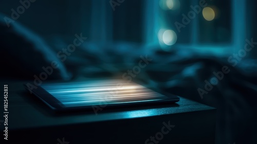 Close up of digital tablet glowing in dark bedroom showing scrolling motion on illuminated screen for late night media consumption and insomnia awareness mental health lifestyle concept.