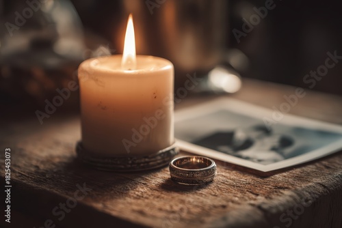 Burning candle beside old wedding ring and vintage photograph on wooden table with warm candlelight symbolizing enduring love that continues after death for remembrance and devotion memorial concept.