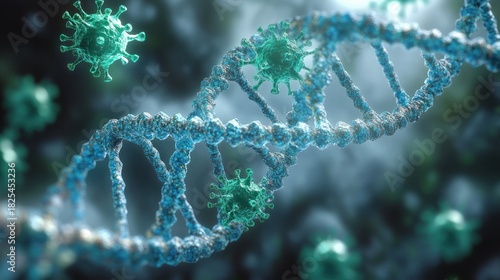 Wallpaper Mural blue dna double helix entwined with floating green spiky virus particles in a tense ominous microscopic scene Torontodigital.ca