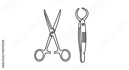 Precise surgical tools for medical procedures, featuring scissors and forceps, perfect for healthcare, veterinary, and educational use, originally vector graphics