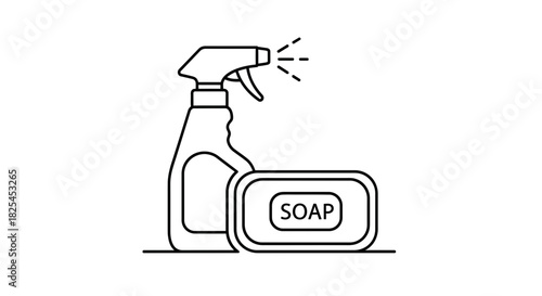 Essential cleaning supplies for a spotless home, featuring a spray bottle and a bar of soap, perfect for illustrating hygiene and cleanliness routines