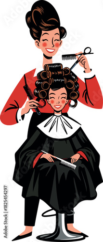 Retro Hairstylist Cuts Curly Hair In Salon Vintage Illustration
