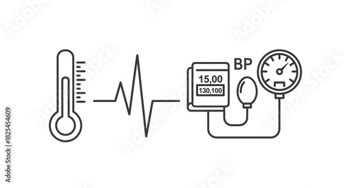Checkup essentials including thermometer, heartbeat line, and blood pressure monitor for proactive health and wellness awareness on a clean background