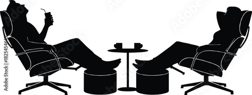 Silhouette of two people relaxing in armchairs with drinks and coffee table – leisure, rest, conversation vector illustration