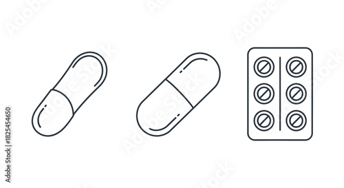 Pharmaceutical capsule and blister pack for medical needs, healthcare line art design promoting wellness and treatment, originally created as scalable vector