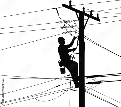 Silhouette of utility worker repairing electric pole, power line technician climbing, electrical maintenance, energy infrastructure, safety gear, high voltage work