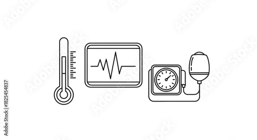 Medical icons showing health monitoring devices: thermometer, heart rate monitor, blood pressure meter in a clean, minimalist outline style