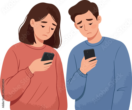 Sad Couple Looking at Phones Isolated White Background Minimal Illustration