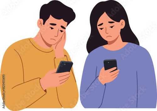 Sad Couple Looking at Phones White Background Minimal Illustration