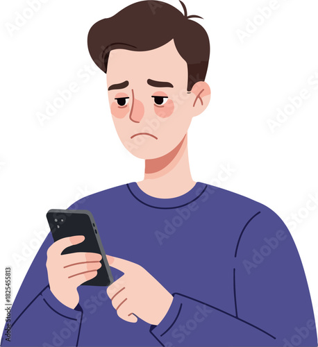Sad Man With Tired Eyes Holding Smartphone Blue Sweater White Background