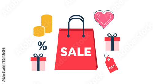 Vector Icons Set of Red Sale Shopping Bag Surrounded by Gifts Coins and Discount Symbols. EPS Editable