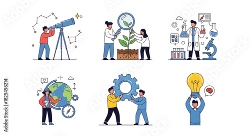 Vector Icons Set of Set of Six Illustrations Depicting Scientific Research and Innovation Concepts. EPS Editable