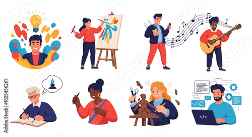 Vector Icons Set of Diverse Group of People Engaged in Creative and Intellectual Pursuits. EPS Editable