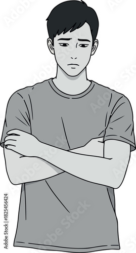 Sad Young Man Arms Crossed Gray T Shirt Minimalist Vector