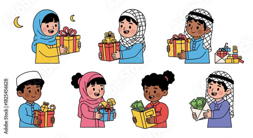 Vector Icons Set of Diverse Muslim Children Celebrating and Receiving Gifts. EPS Editable