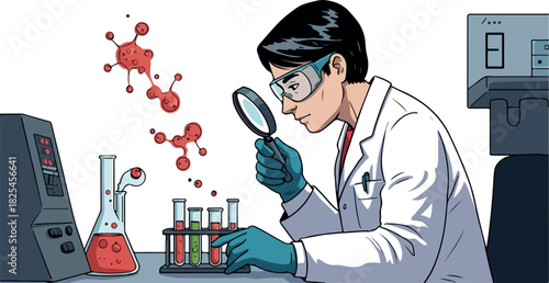 Scientist in Lab Coat Examines Molecules with Magnifying Glass