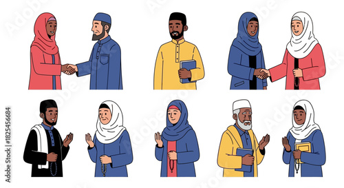 Vector Icons Set of Diverse Muslim men and women in traditional Islamic clothing interacting. EPS Editable