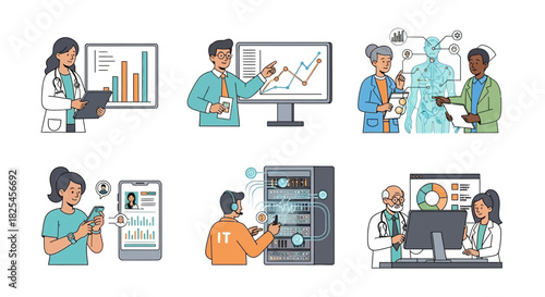 Vector Icons Set of Diverse Medical Professionals Analyzing Data and Technology in Healthcare Settings. EPS Editable