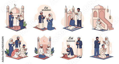 Vector Icons Set of Diverse Muslim Families Celebrating Eid AlFitr with Prayer and Festivities. EPS Editable