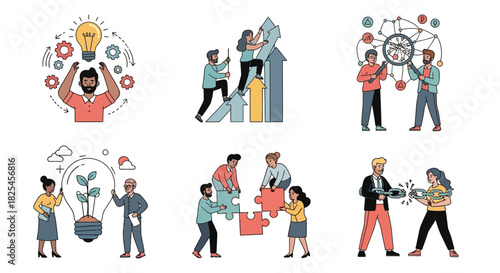Vector Icons Set of Diverse Team Collaboration and Innovation Concepts Illustrated. EPS Editable