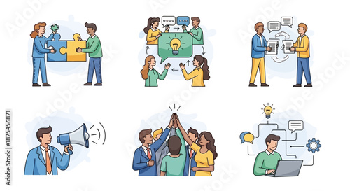 Vector Icons Set of Diverse Team Collaboration and Business Success Illustrated Concepts. EPS Editable