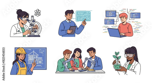 Vector Icons Set of Diverse Professionals in Science Technology Engineering and Education Scenes. EPS Editable