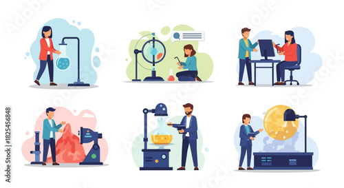 Vector Icons Set of Diverse Scientific Experiments and Educational Activities Illustrated. EPS Editable