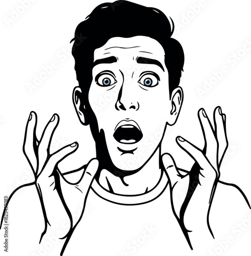 Shocked Man Face Hands Up Blue Eyes White T Shirt Black Outline