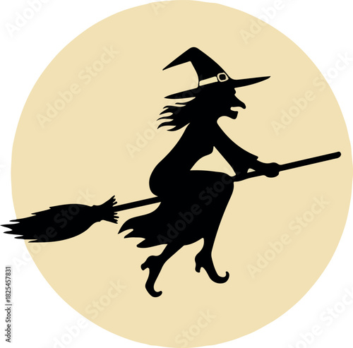 Silhouette Witch Flying Broomstick Against Pale Yellow Full Moon Night