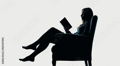 Silhouette of Woman Reading Book Relaxing in Armchair Soft Lighting