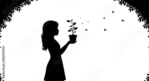 Silhouette Woman Holding Potted Plant With Flying Birds Arc Archway Background
