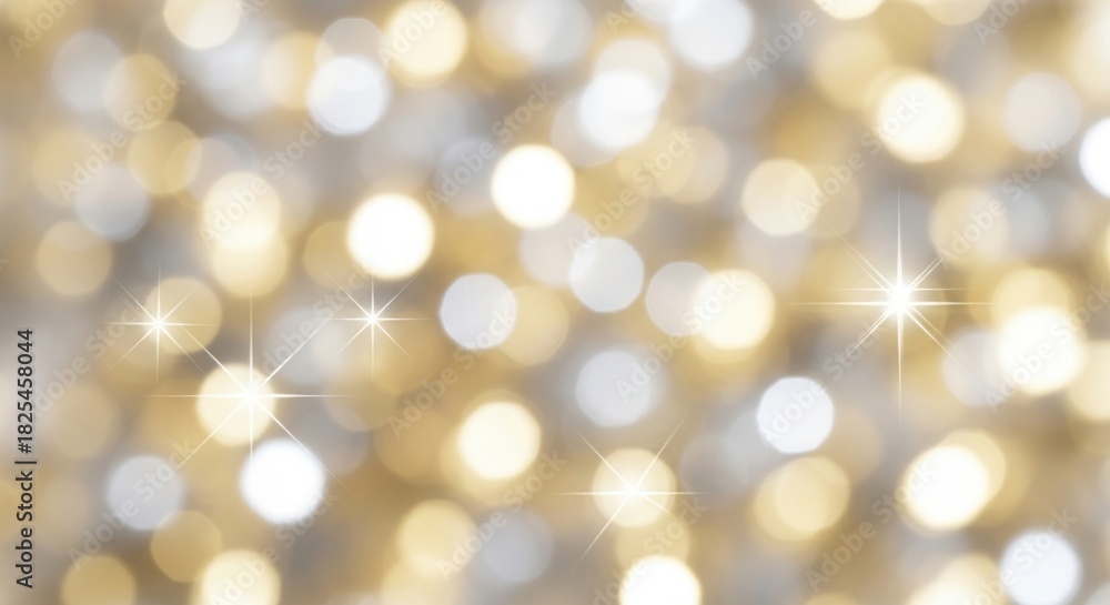 Obraz premium Abstract background of shimmering golden and silver bokeh light circles creating a festive and celebratory atmosphere perfect for holiday or party themes with subtle star flares