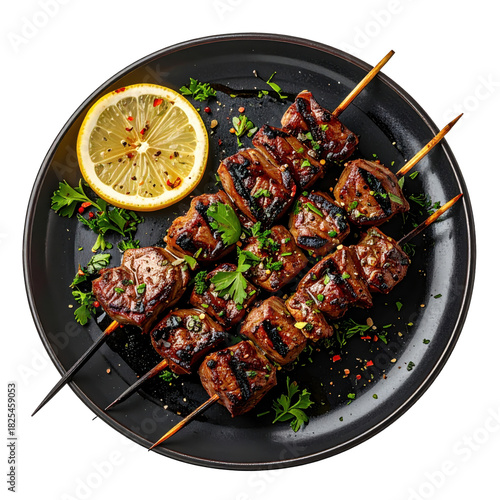 Succulent grilled lamb skewers, kebabs, on a dark plate, isolated as a flavorful and protein-rich mediterranean appetizer or main