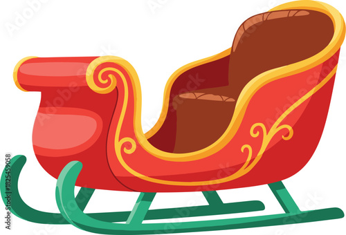 A festive flat vector illustration of Santa's red Christmas sleigh featuring gold decorative trim and green runners,