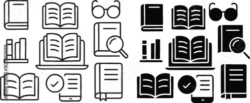Collection of line art reading and education icons symbols for studying