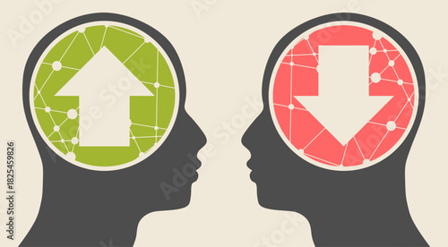 Mindset concept with head silhouette. Heads of two persons one with growth mindset vs fixed mindset. Arrow icons in opposite directions. Business solution, possible idea variant.