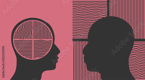 Introvert and extrovert comparison. Human heads with arrow. Different character social individuality with feelings and emotions expression or holding them inside.