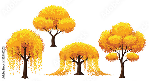 A collection of stylized autumn trees with vibrant golden-yellow foliage, showcasing diverse shapes and weeping branches, isolated on white.